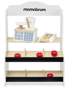 Minimercado: una tienda con báscula, terminal, tarjeta de pago y fruta.