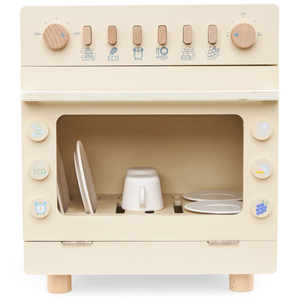 Lavavajillas de madera con accesorios.