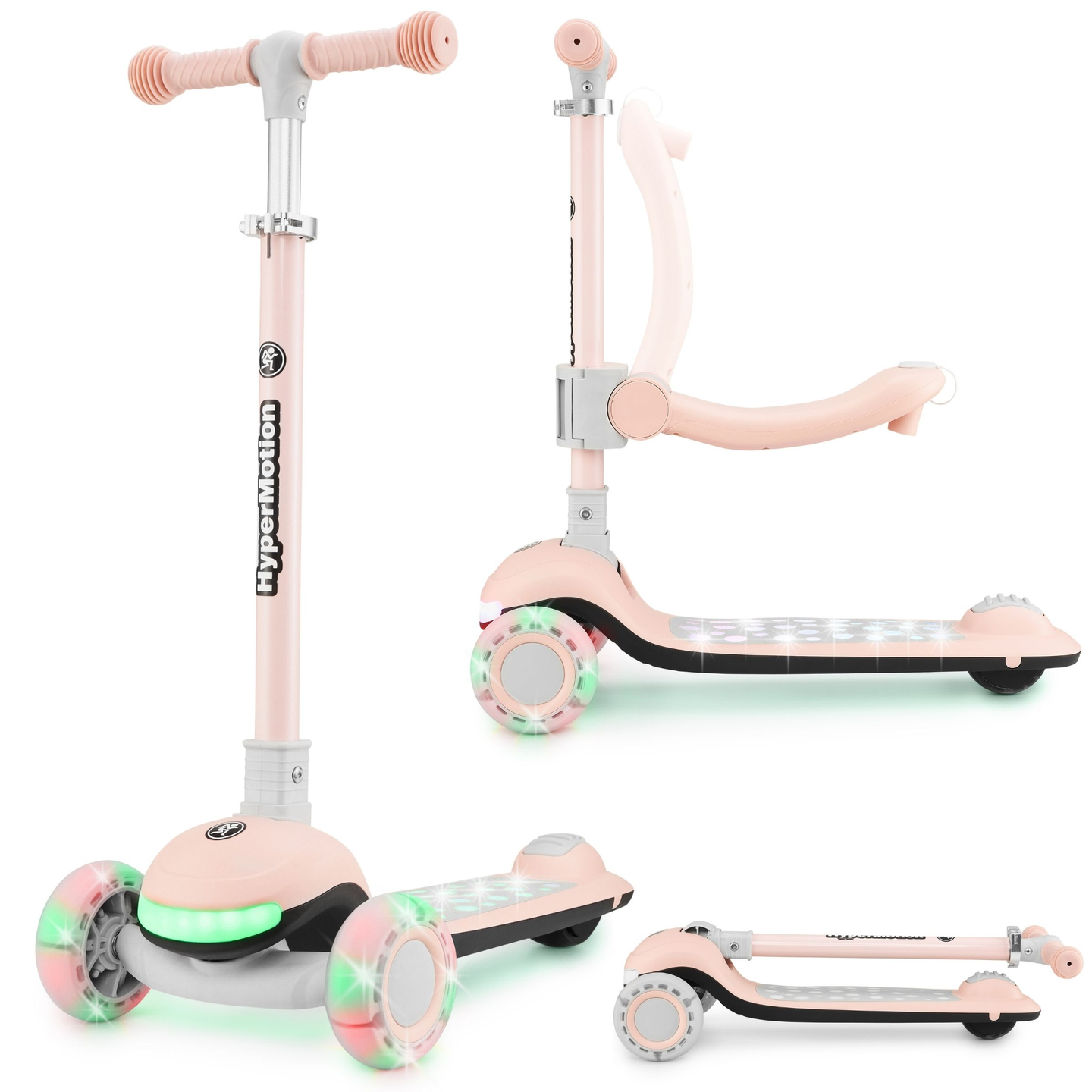 Patinete de equilibrio 3 en 1 HyperMotion LUMI - plataforma iluminada y ruedas LED, color rosa