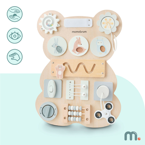 Tablero manipulativo de madera Montessori con forma de osito de peluche: aprendizaje sensorial de la independencia: velcro, enchufe, laberinto, botón de clic