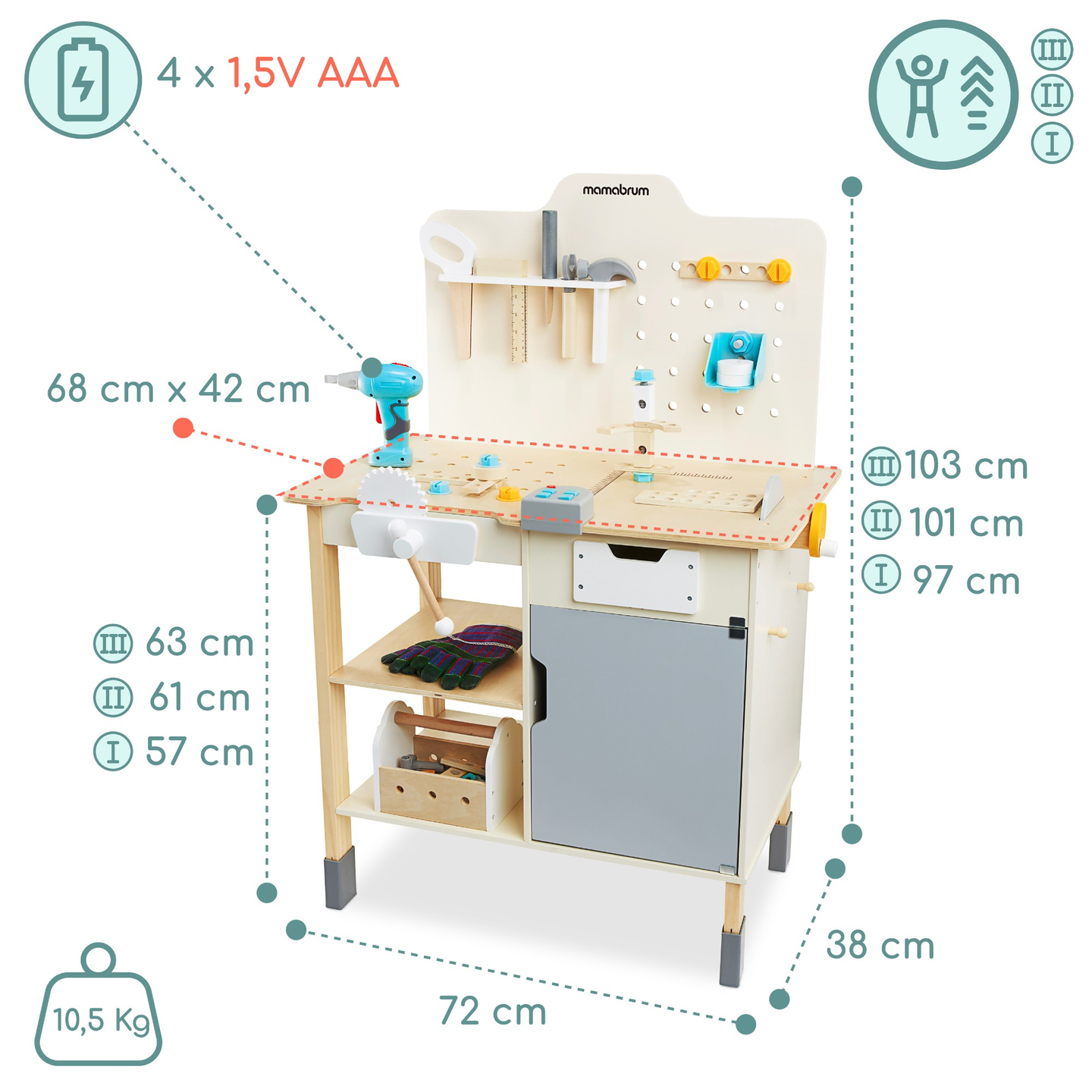 Gran taller de madera con herramientas XXL - set de bricolaje, 74 elementos
