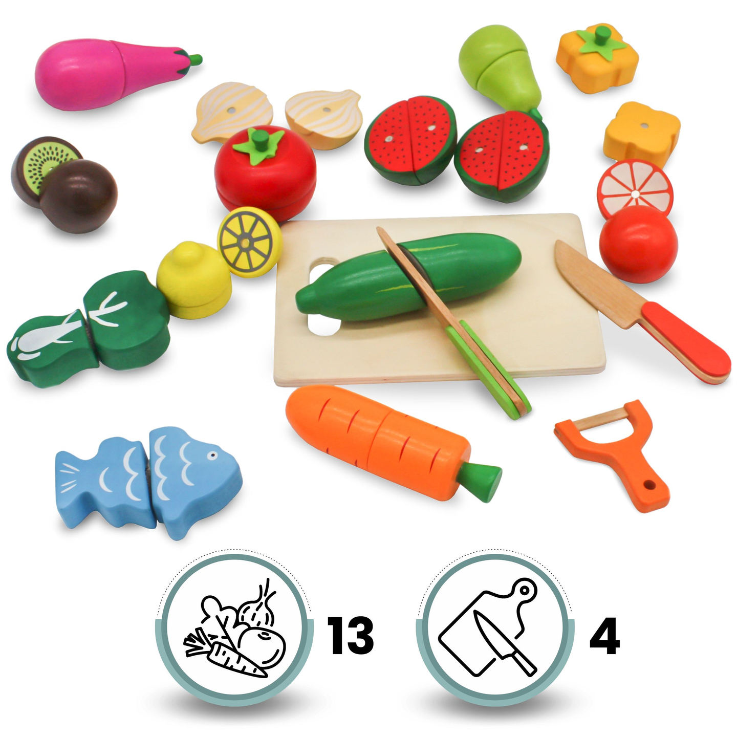 Frutas y verduras de madera para cortar.