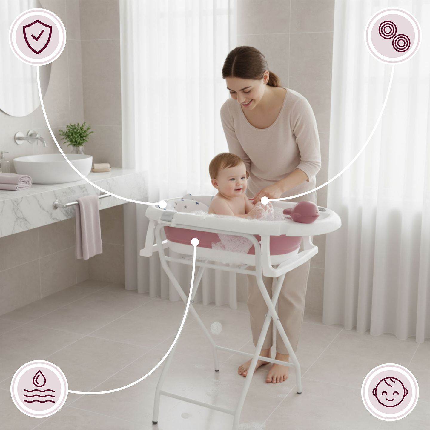 Bañera plegable para bebés con termómetro, inserto y soporte - color rosa sucio