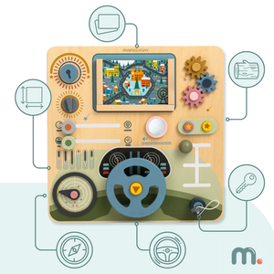 Tablero Montessori de madera 2 en 1 para el pequeño conductor y piloto: volante, palanca de cambios, mapas de viaje, radar