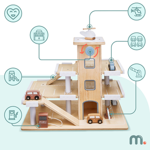 Estacionamiento de madera de tres niveles con ascensor - garaje para autos y helicóptero