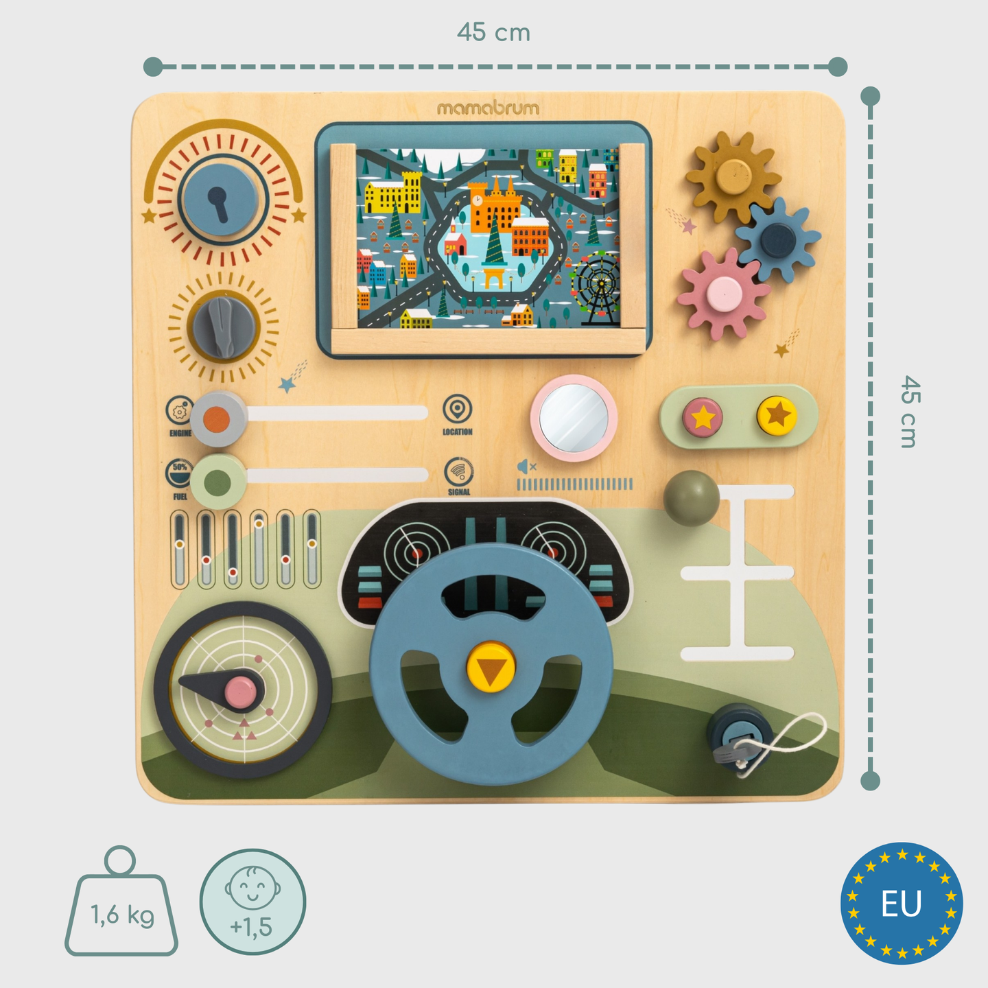 Tablero Montessori de madera 2 en 1 para el pequeño conductor y piloto: volante, palanca de cambios, mapas de viaje, radar