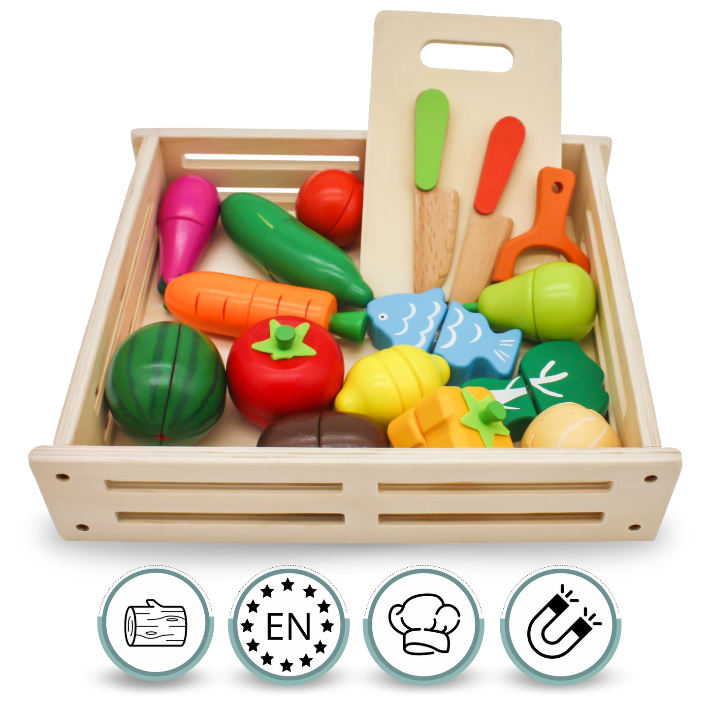 Frutas y verduras de madera para cortar.