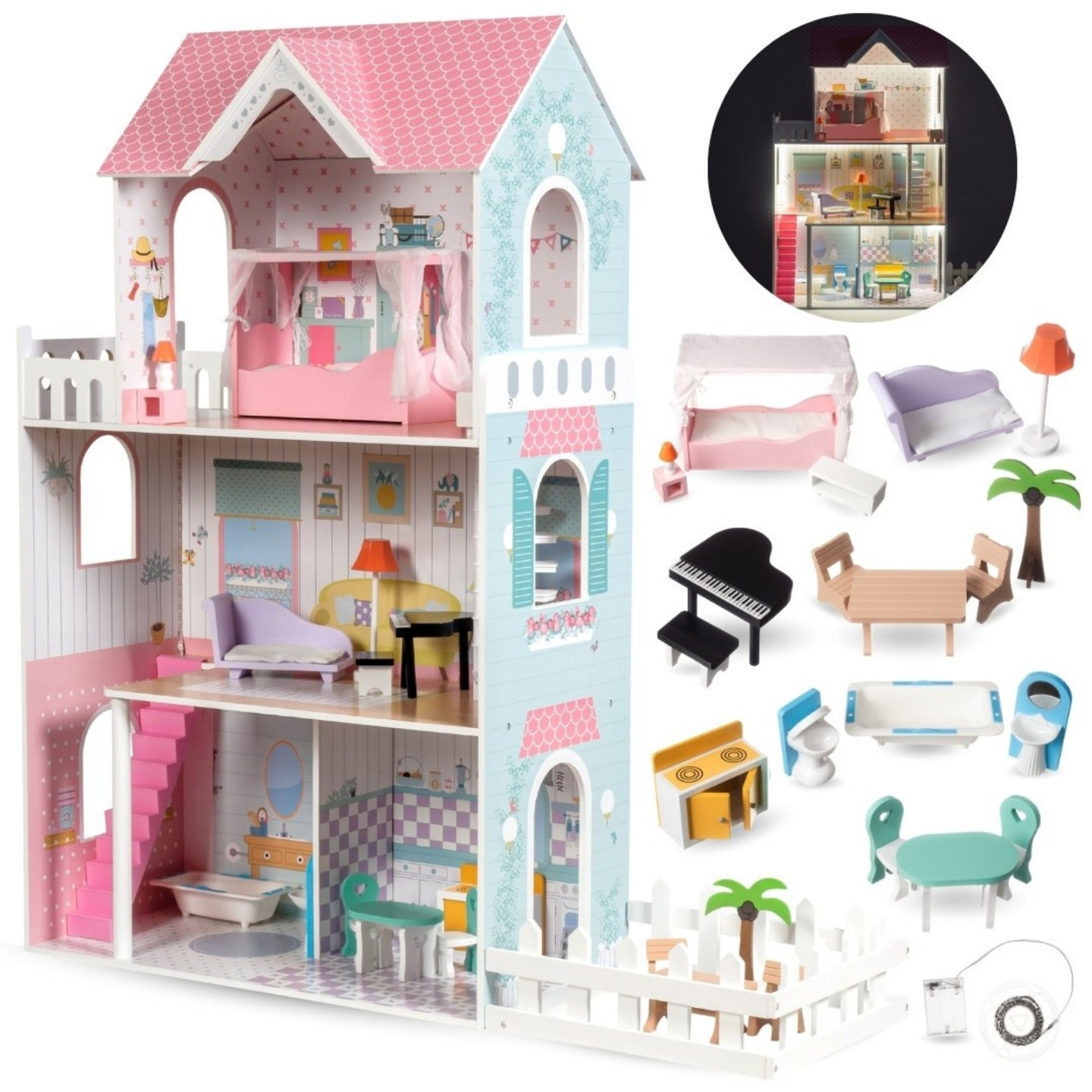 XXL La casa de muñecas de madera más grande - 123 cm - iluminada por LED - terraza, accesorios, jardín