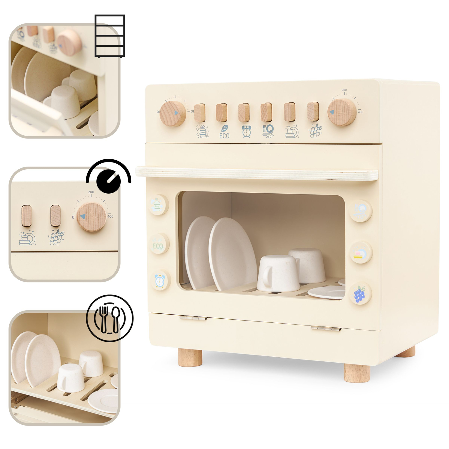 Lavavajillas de madera con accesorios.