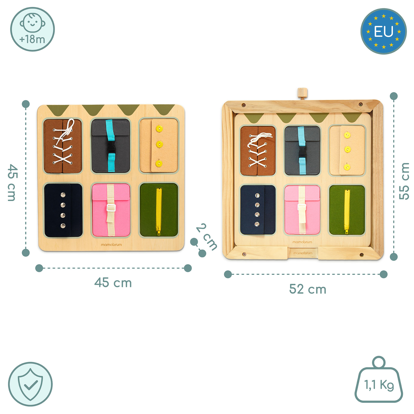 Tablero manipulativo Montessori de madera: Aprendizaje sensorial de la independencia - cordones, hebillas, botones, broches, cremallera