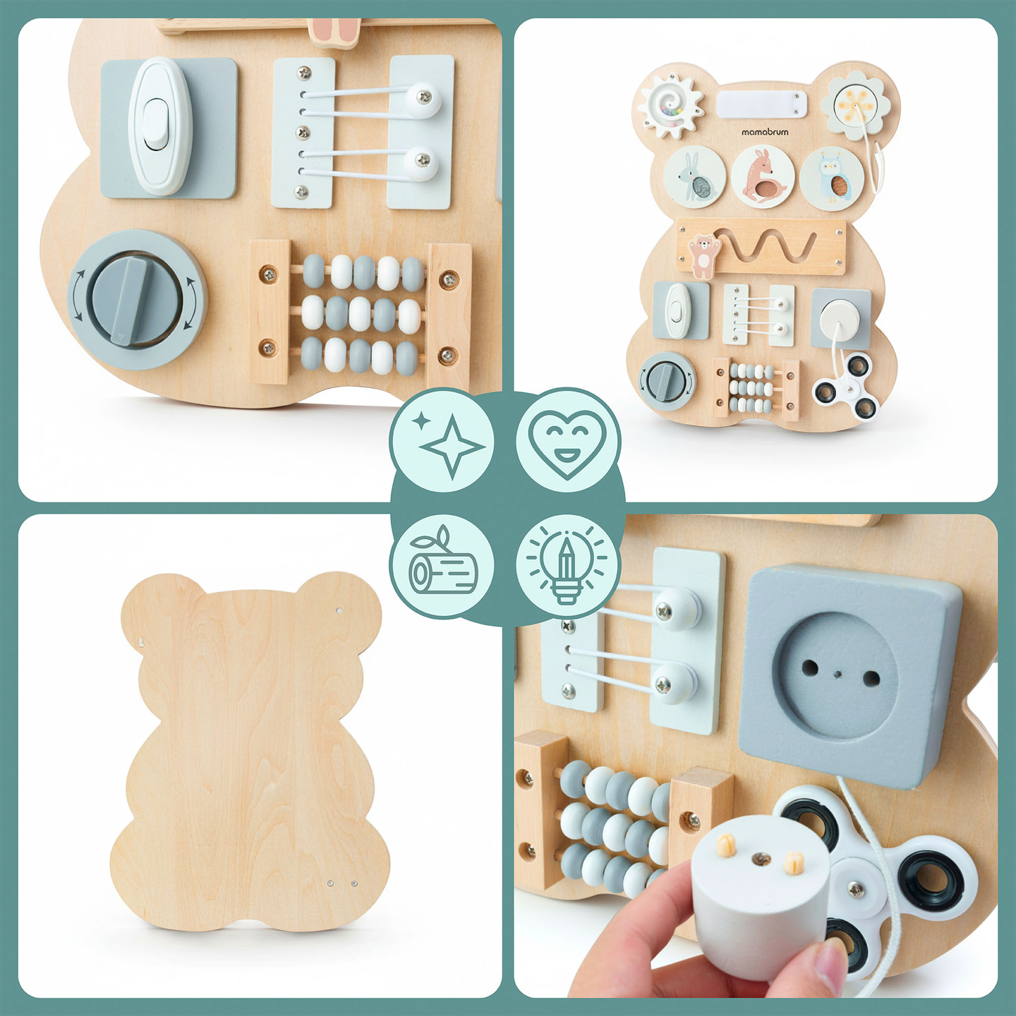 Tablero manipulativo de madera Montessori con forma de osito de peluche: aprendizaje sensorial de la independencia: velcro, enchufe, laberinto, botón de clic