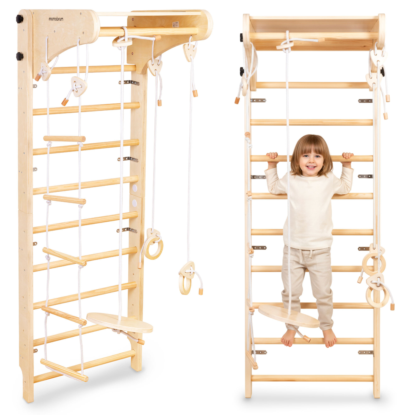 Escalera de gimnasia de madera para niños con accesorios: columpio de plato, anillas de gimnasia y escalera de cuerda.