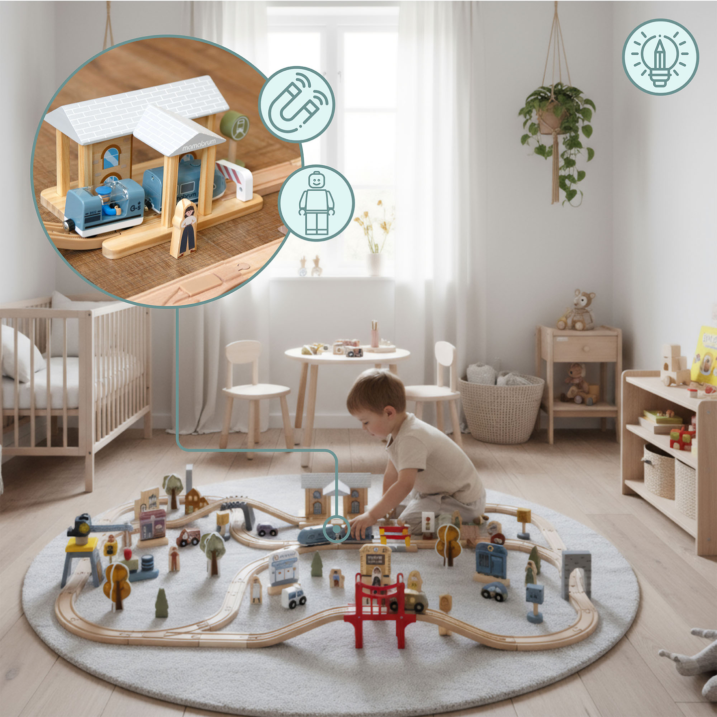 Ferrocarril urbano de madera con tren eléctrico: grúa móvil, barco, puentes