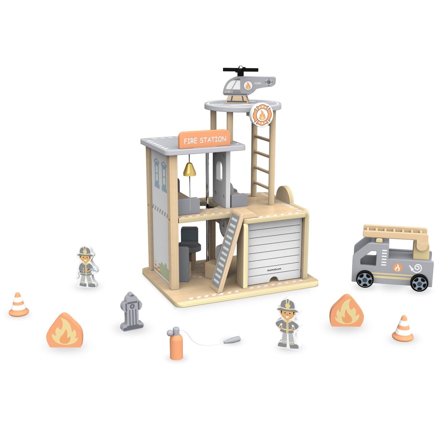 Parque de bomberos de madera con accesorios, parque de bomberos
