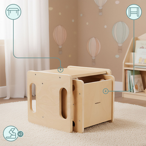 Mesa y silla de madera con función de trampolín: un conjunto Montessori multifuncional para niños