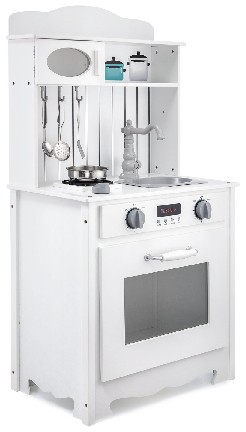 Cocina de madera blanca con delantal, accesorios y lámpara LED.