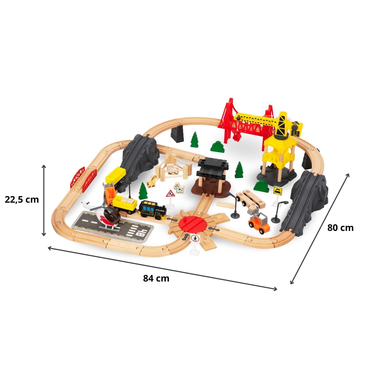 Ferrocarril de madera, tren de baterías - Ciudad: vías, coches, puente, aeropuerto