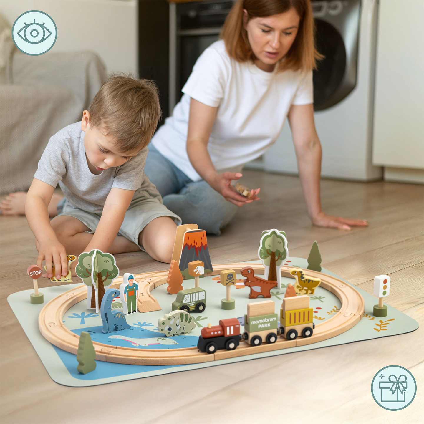 Tren de madera Dino Park con alfombra antideslizante - dinosaurios, tren, vías, volcán, campana