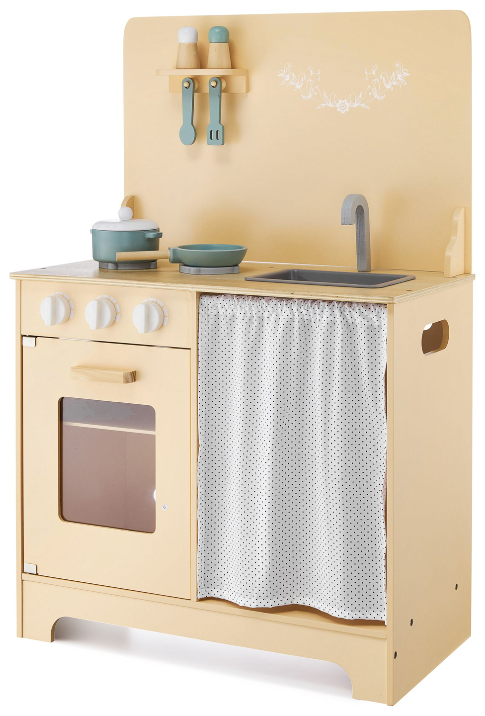 Cocina de madera con delantal, complementos e iluminación LED.