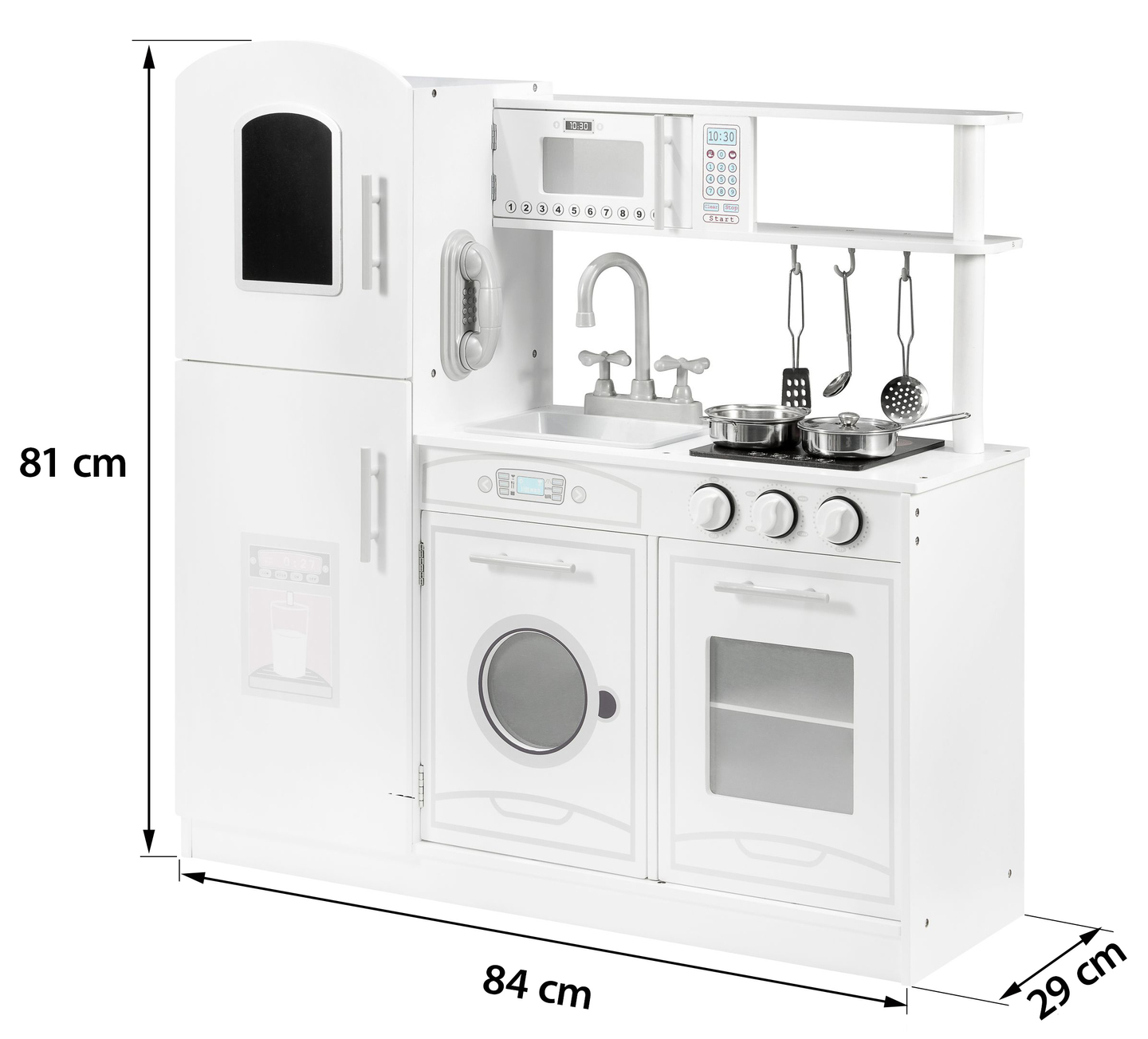 Grandes accesorios de cocina blancos de madera y delantal.