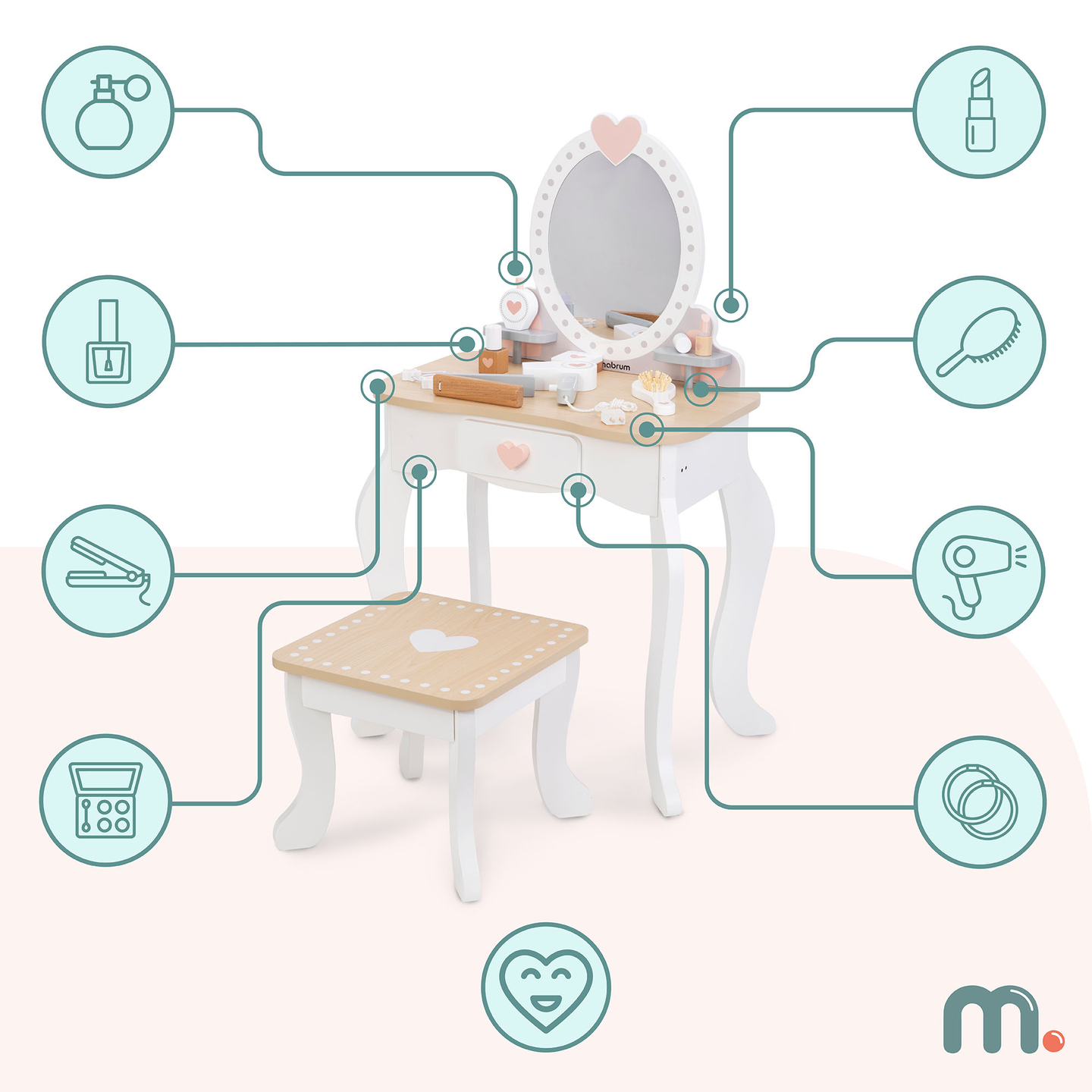 Tocador de madera con taburete y accesorios.