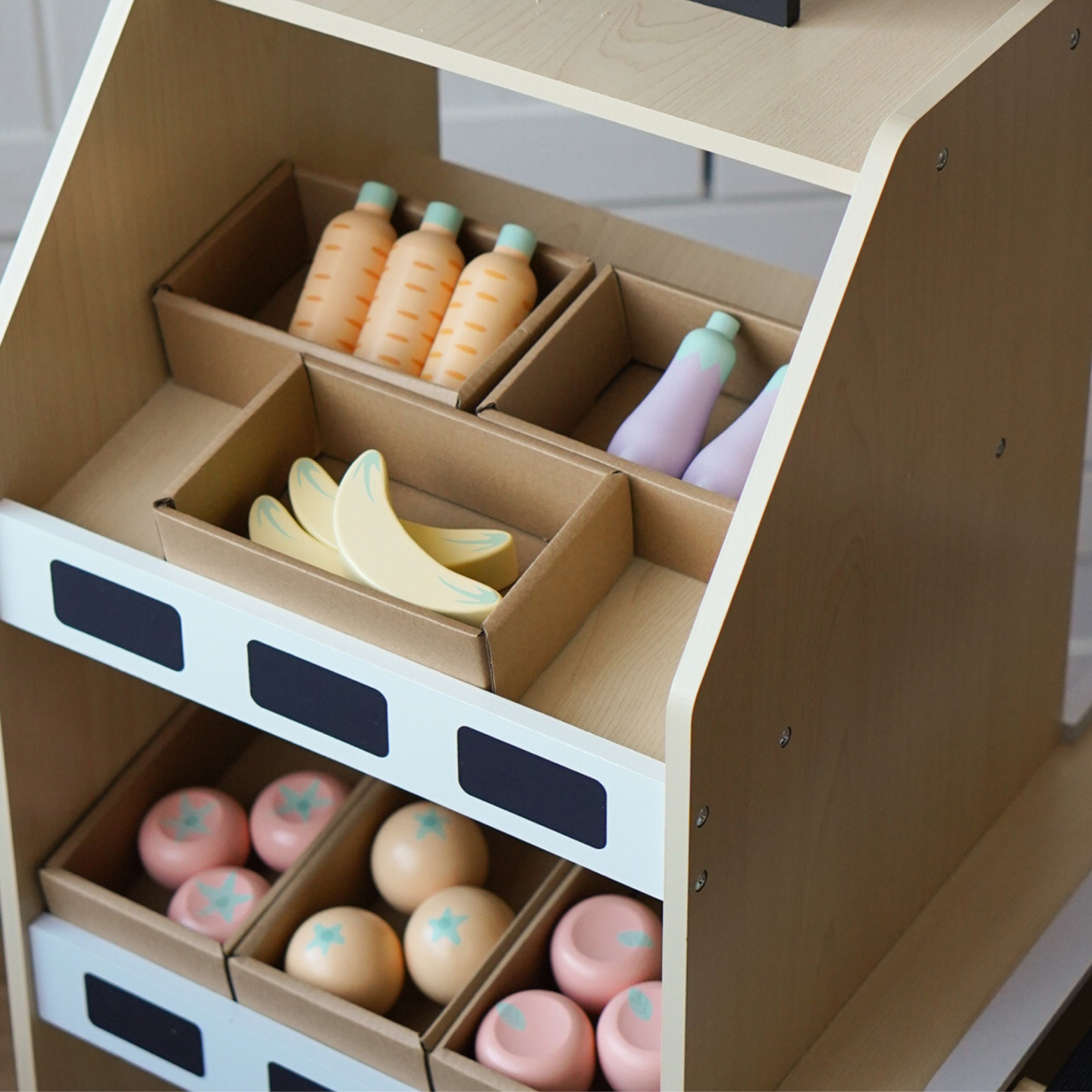 Mercado de verduras de madera - gran puesto XXL, tienda con caja registradora de juguete