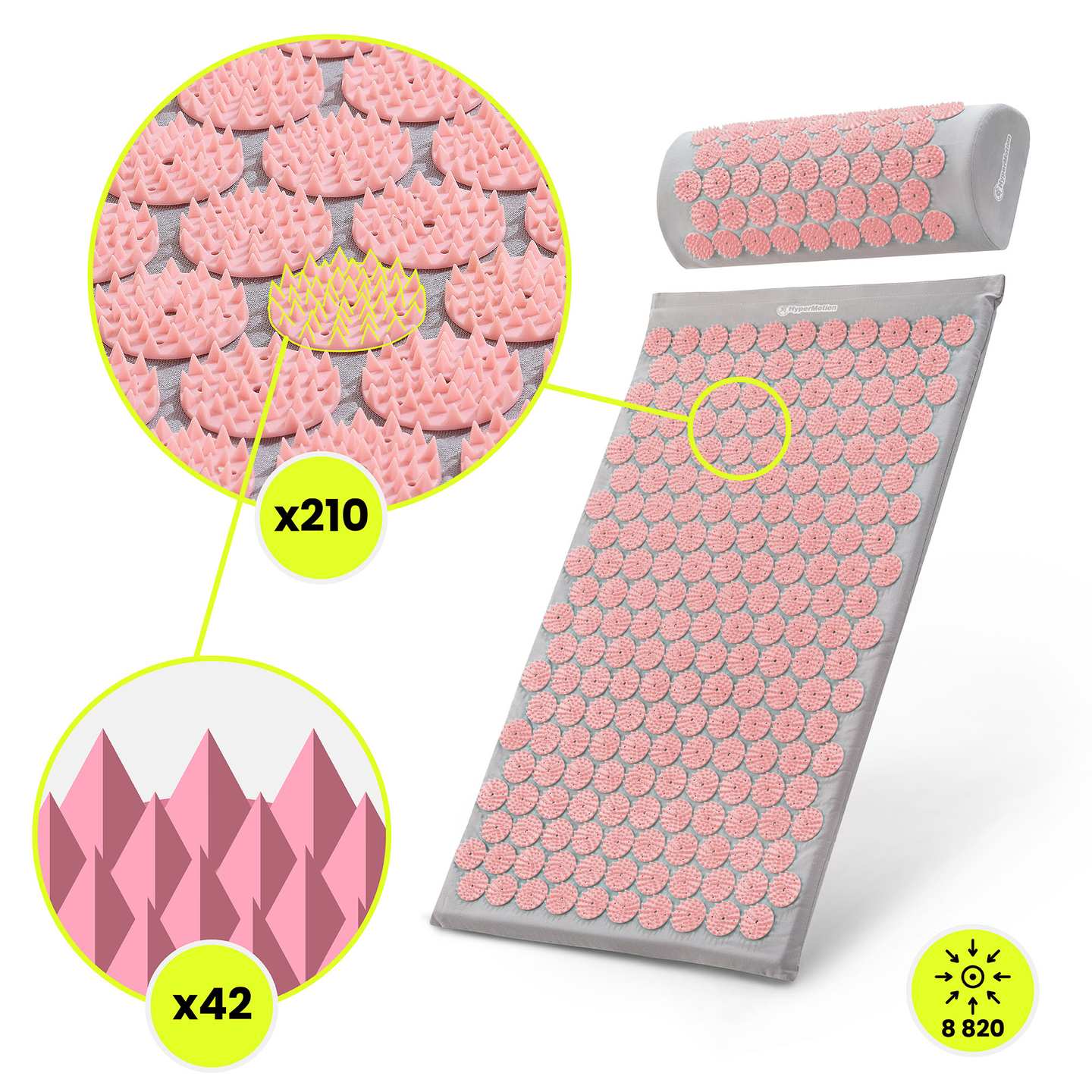 Esterilla de acupresión con almohada y funda - 72 cm HyperMotion gris y rosa