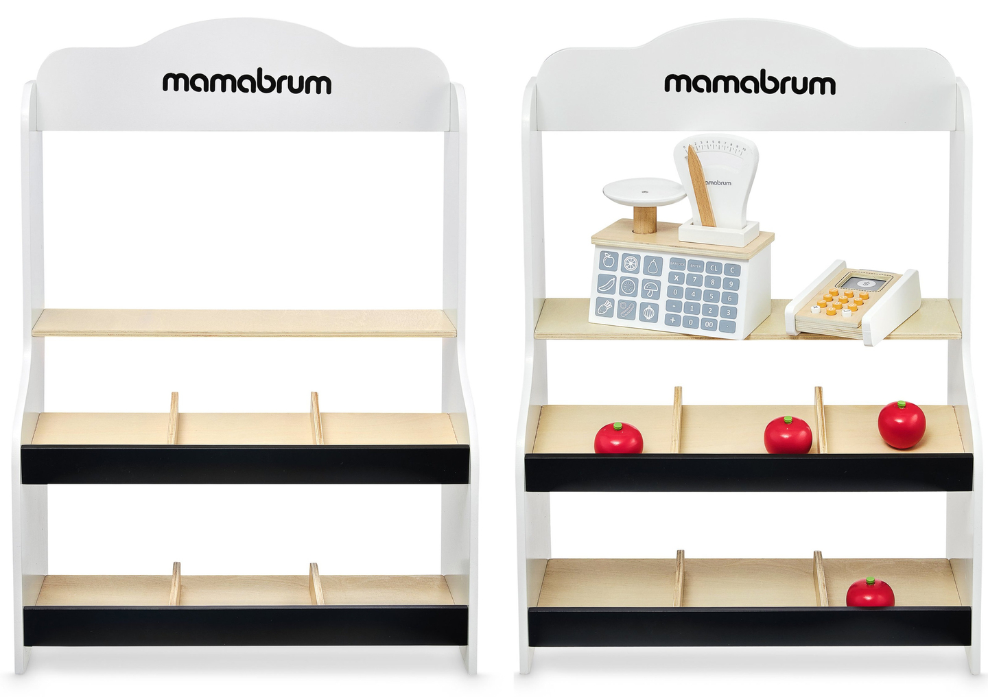 Minimercado: una tienda con báscula, terminal, tarjeta de pago y fruta.