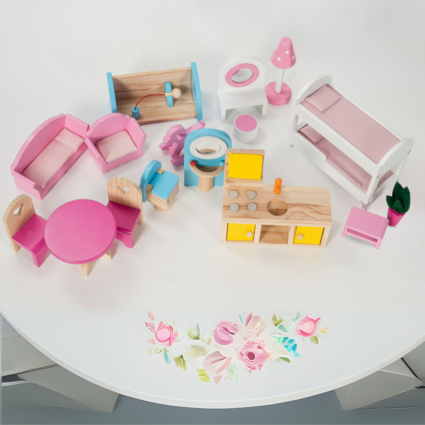 ¡Gran casa de muñecas de madera de 3 pisos con terraza, juego de muebles e iluminación LED!