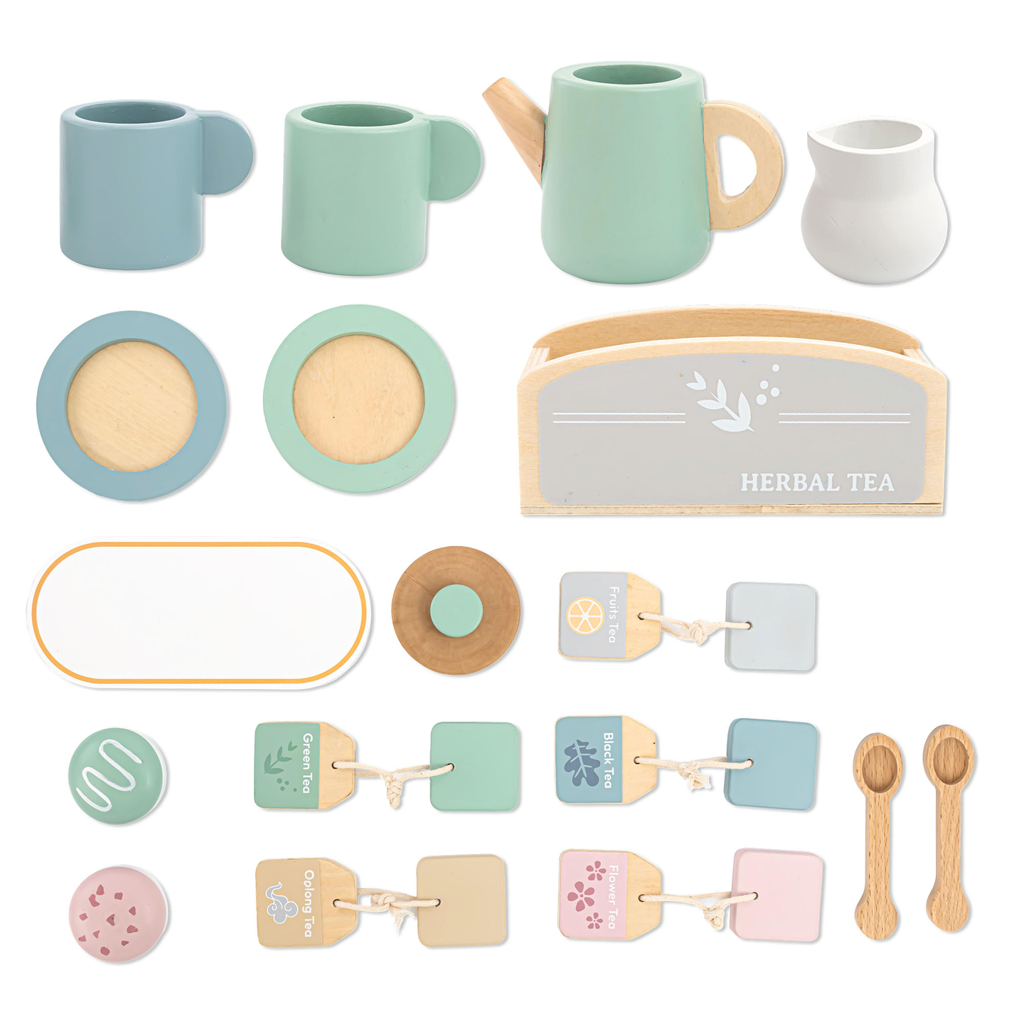 Juego de té grande de madera con bandeja - 18 unidades