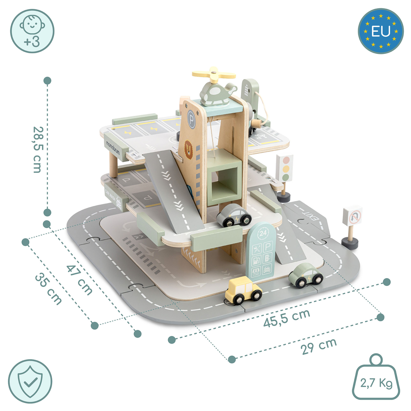Garaje de madera de tres plantas para niños con accesorios: aparcamiento, gasolinera, lavadero de coches, helicóptero.