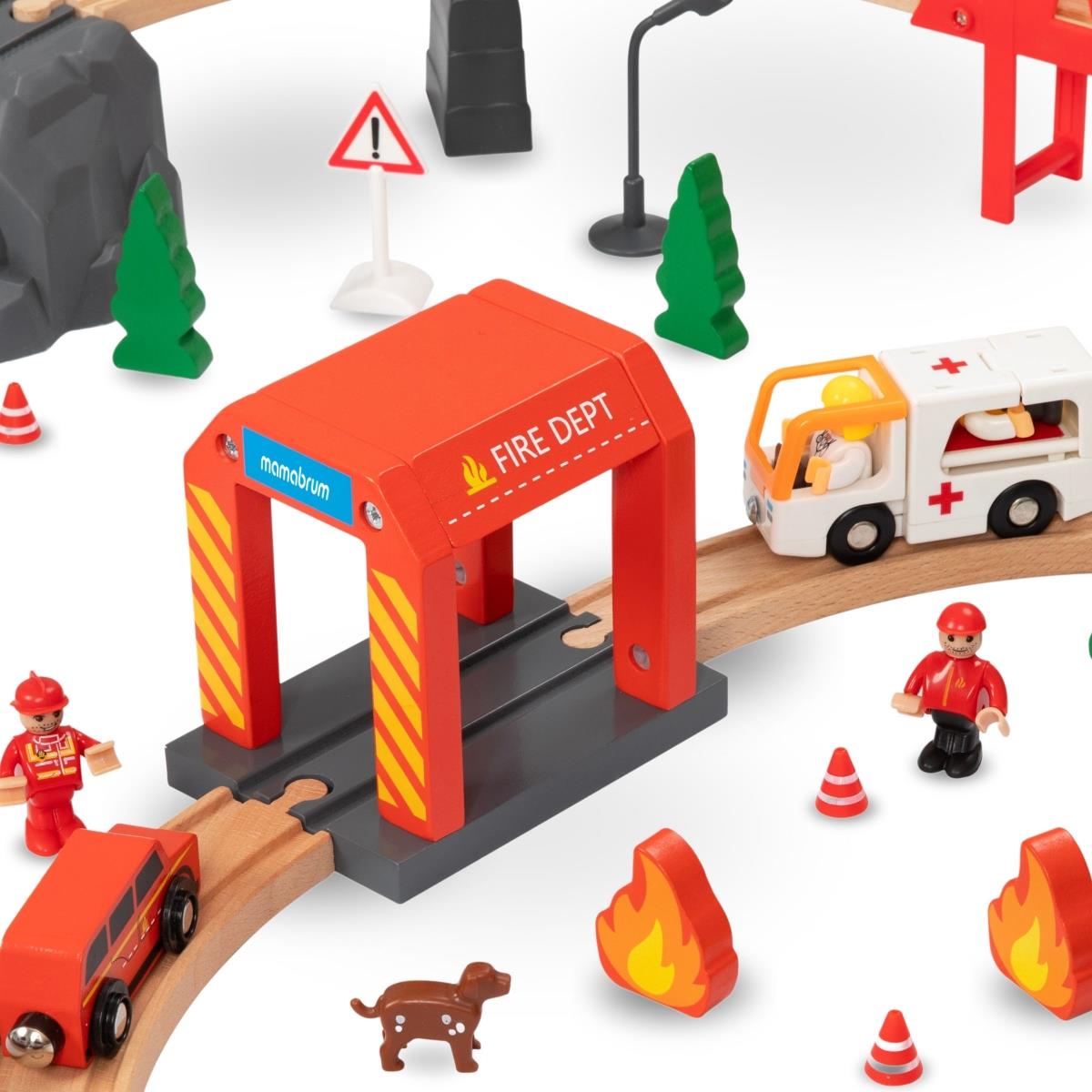 Tren de madera, tren a batería - Bomberos, vías, vagones, puentes, barrera