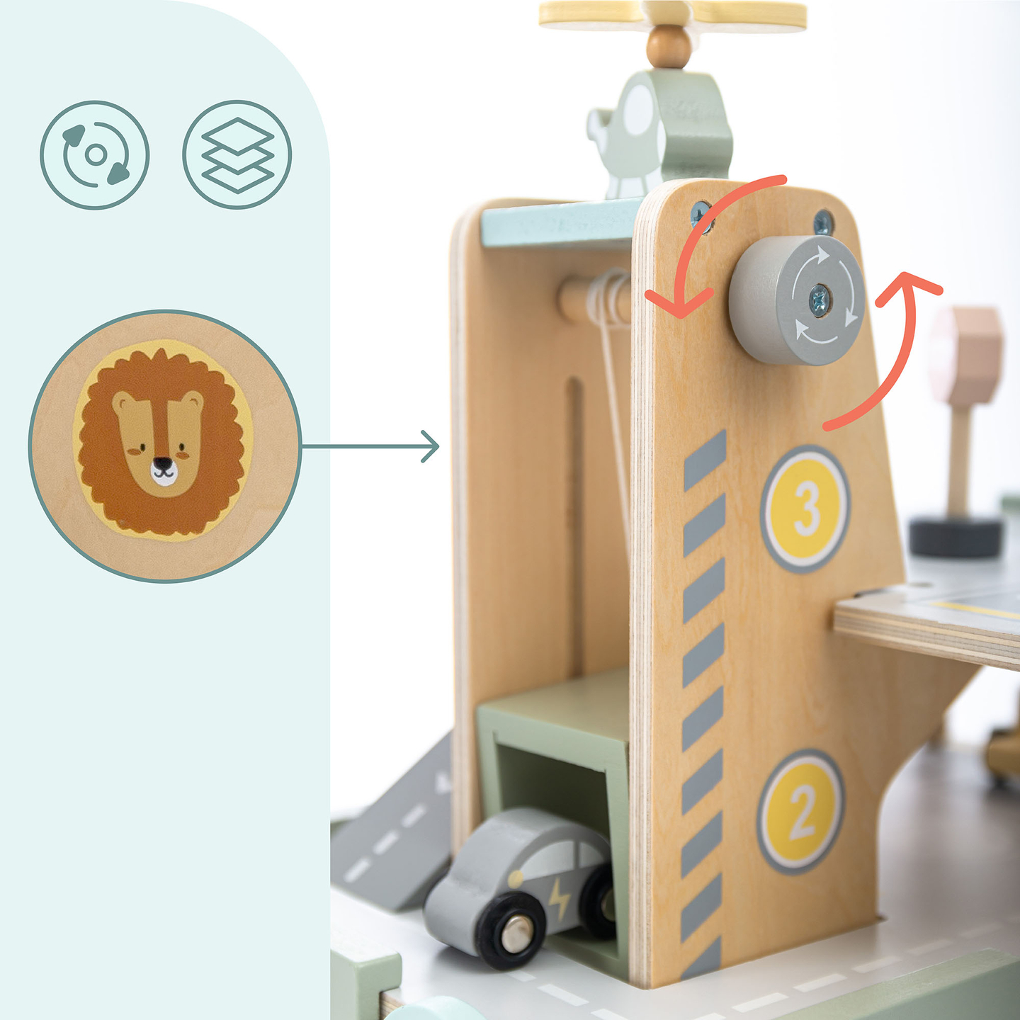 Garaje de madera de tres plantas para niños con accesorios: aparcamiento, gasolinera, lavadero de coches, helicóptero.