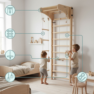 Escalera de gimnasia de madera para niños con accesorios: columpio de plato, anillas de gimnasia y escalera de cuerda.