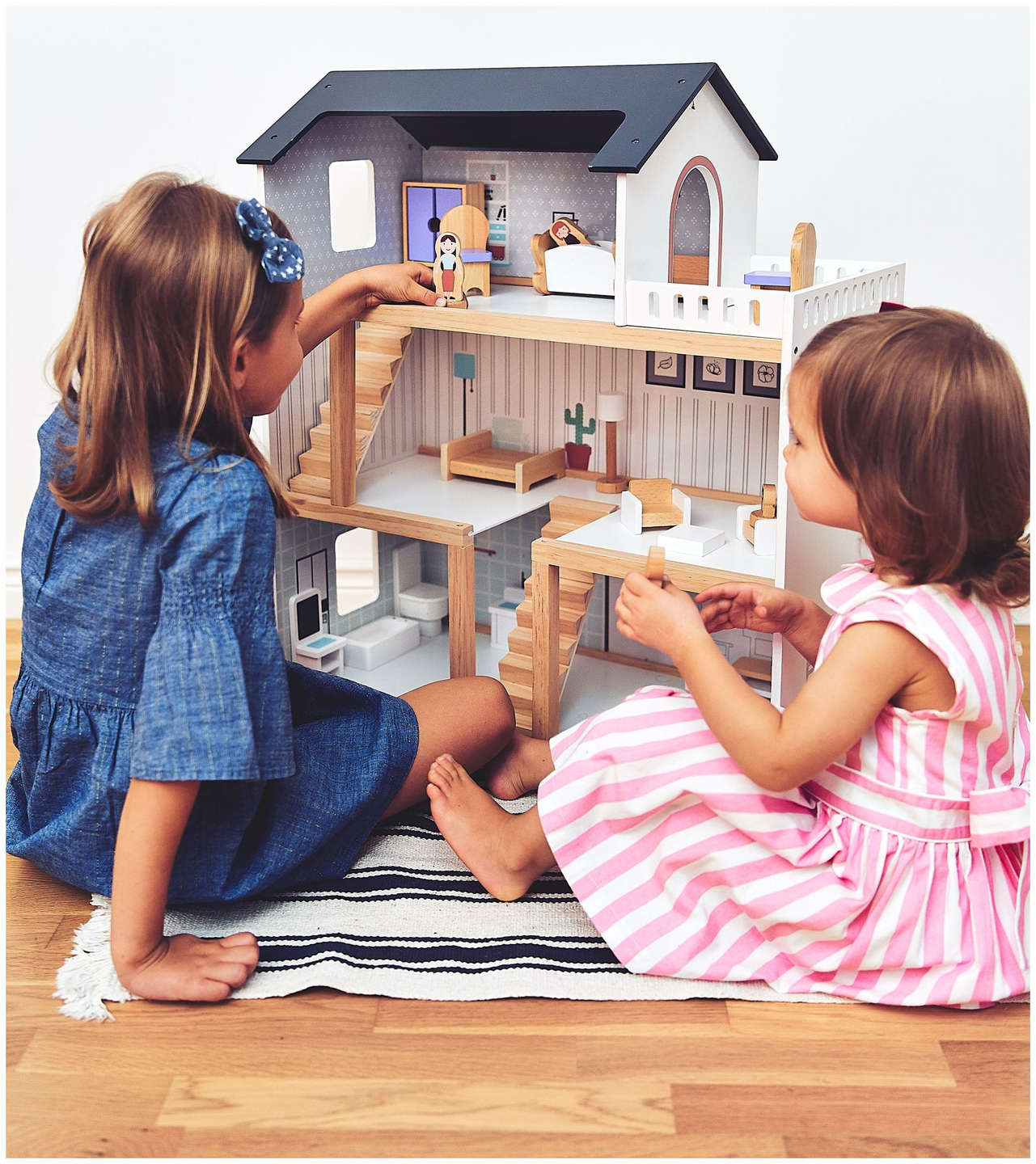 Casa de muñecas de madera blanca con accesorios 18 uds.