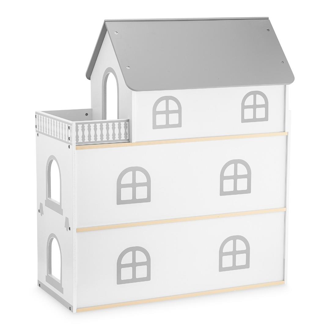 Casa de muñecas de madera blanca con terraza y accesorios