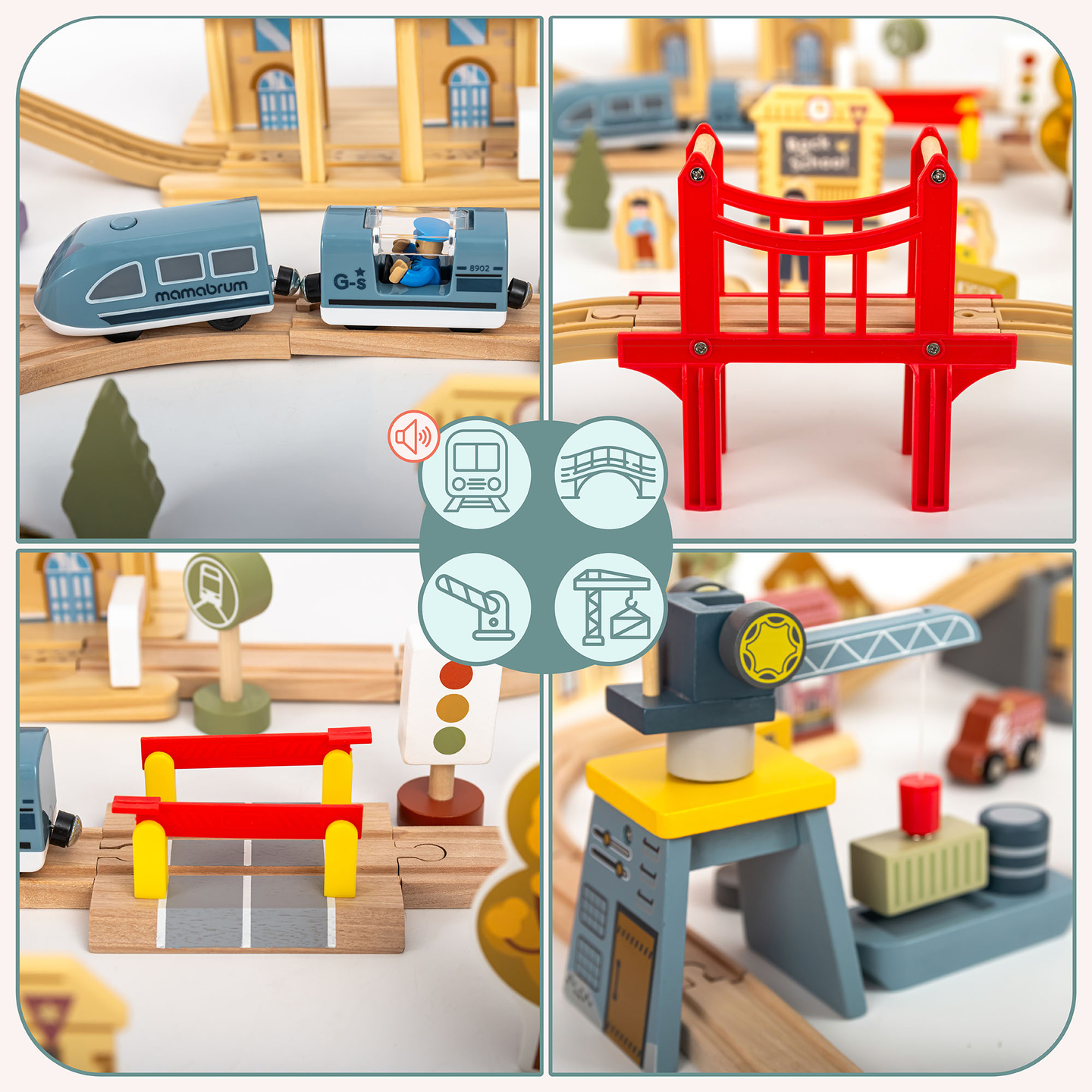 Ferrocarril urbano de madera con tren eléctrico: grúa móvil, barco, puentes