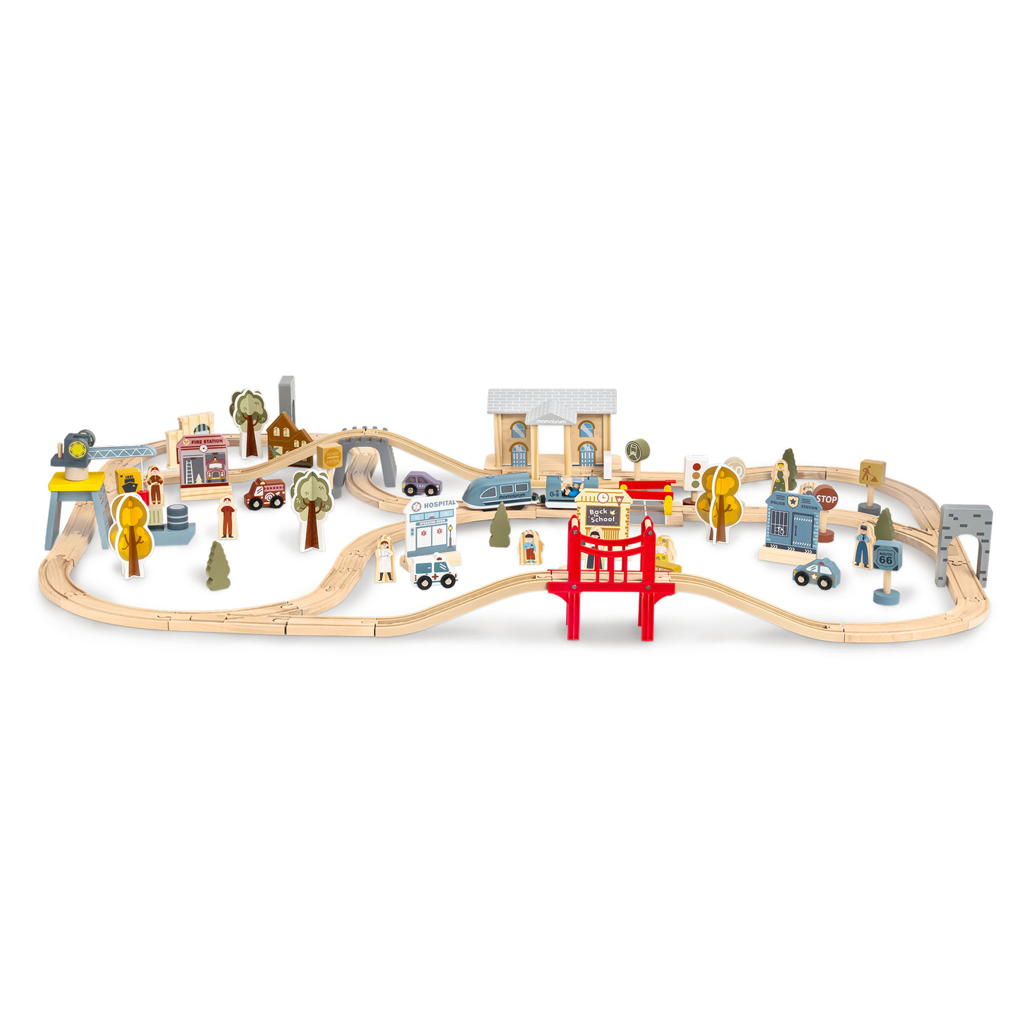 Ferrocarril urbano de madera con tren eléctrico: grúa móvil, barco, puentes