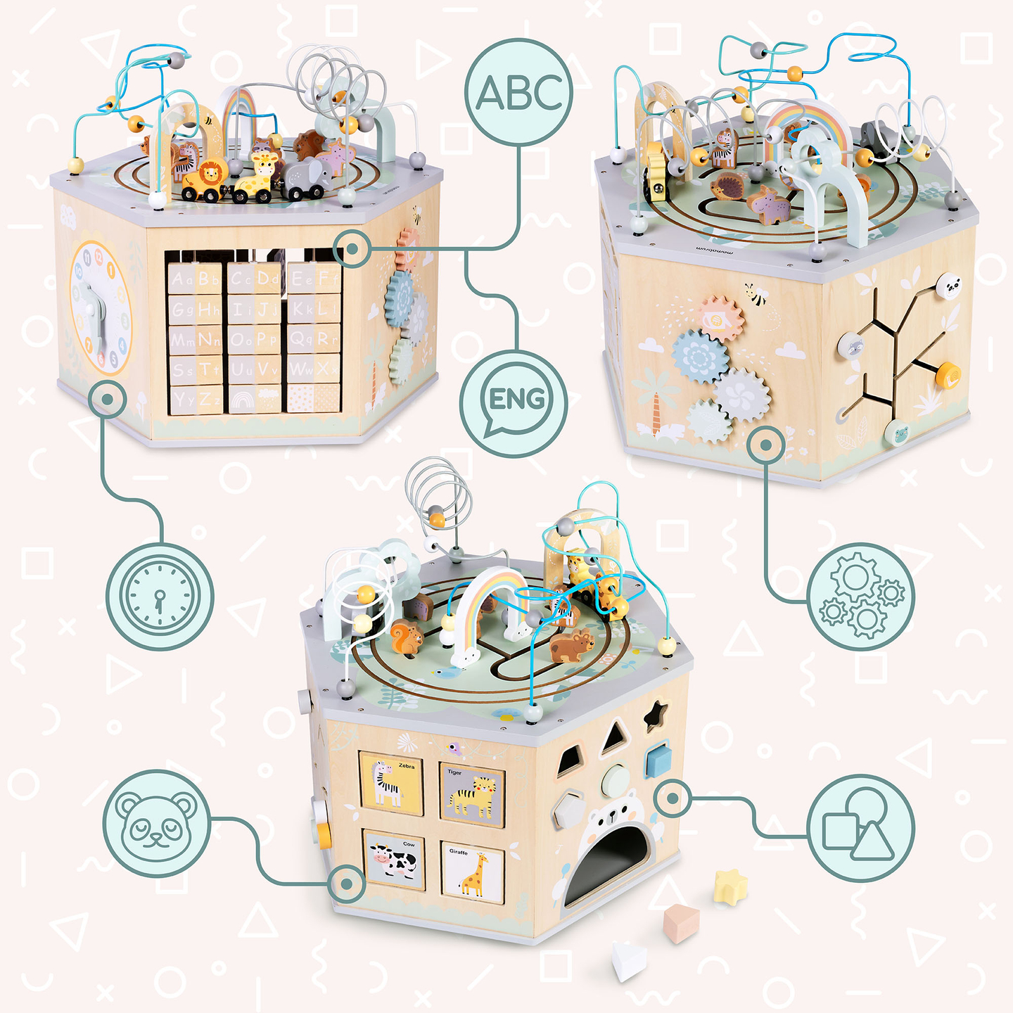 Cubo educativo de madera grande: un juguete Montessori con tren magnético y bucles de motor