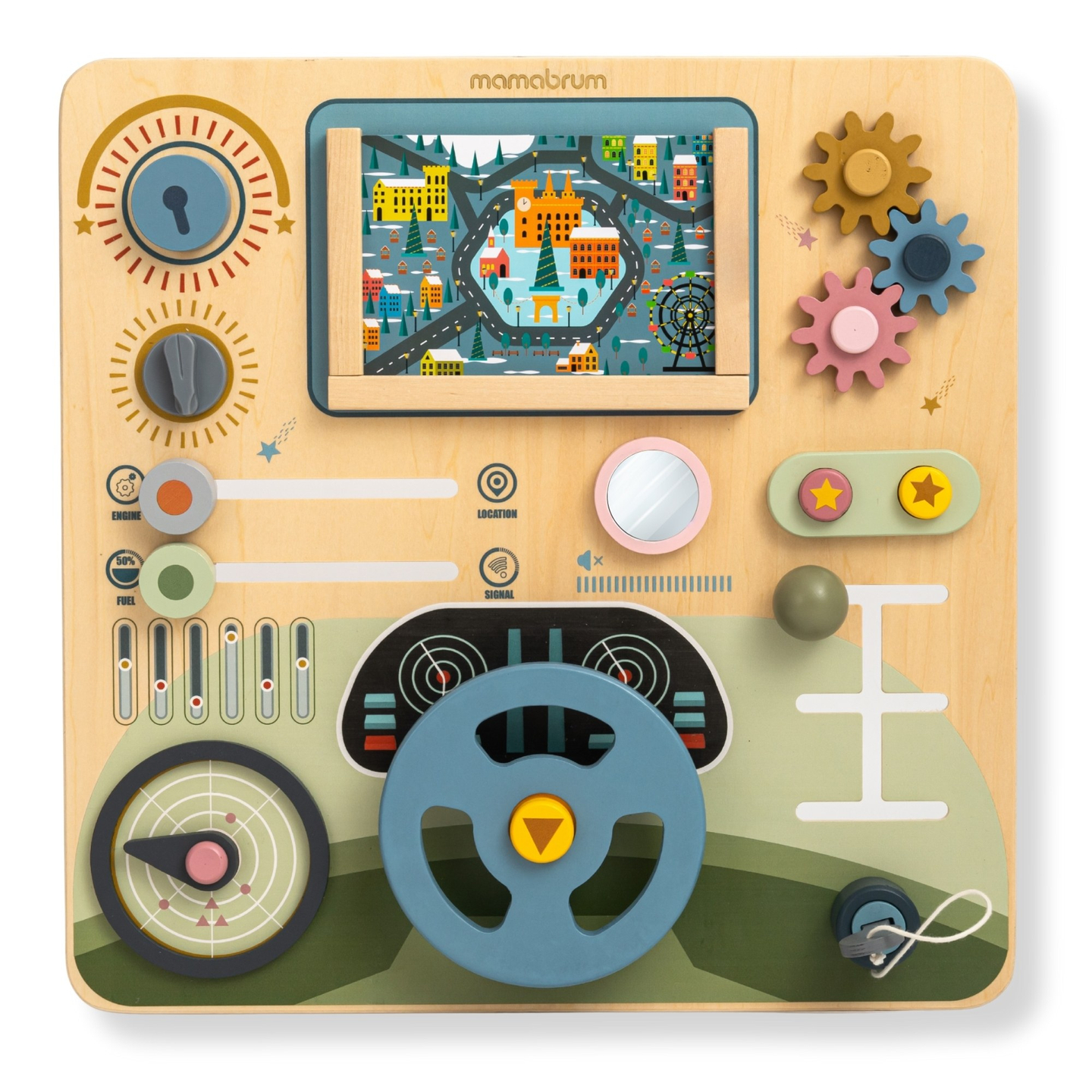 Tablero Montessori de madera 2 en 1 para el pequeño conductor y piloto: volante, palanca de cambios, mapas de viaje, radar