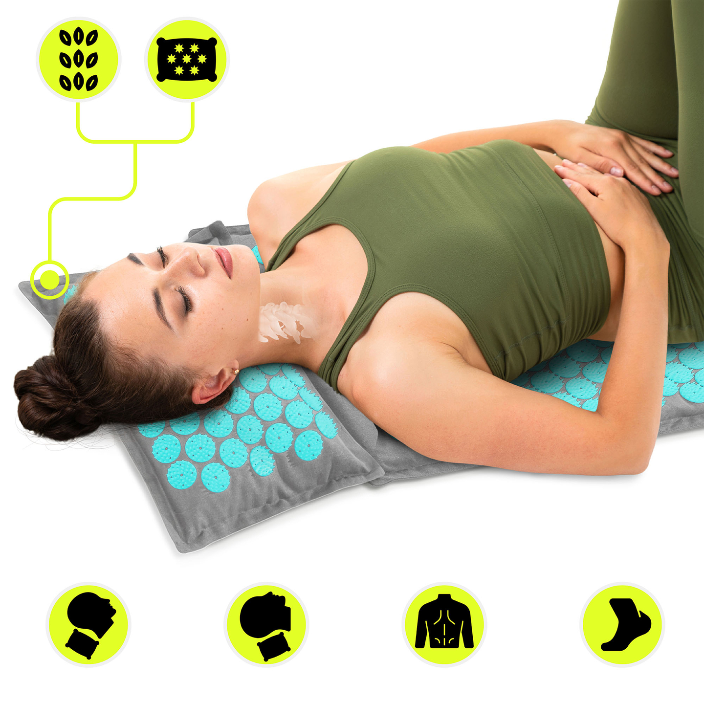 Esterilla de acupresión de lino ecológico con fibra de coco y cojín de trigo sarraceno – 68 cm HyperMotion gris-menta