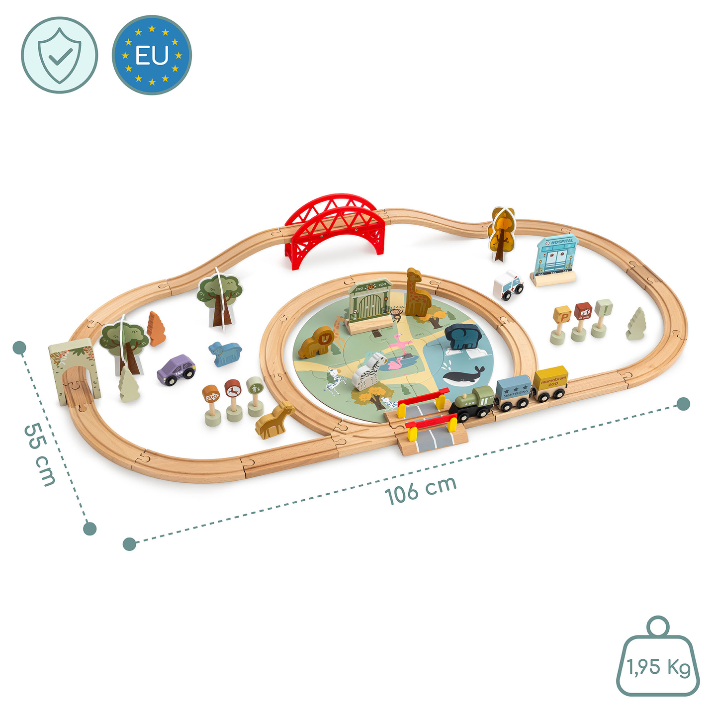 Tren de madera del zoológico: rompecabezas, tren, vías, animales, puente, barrera