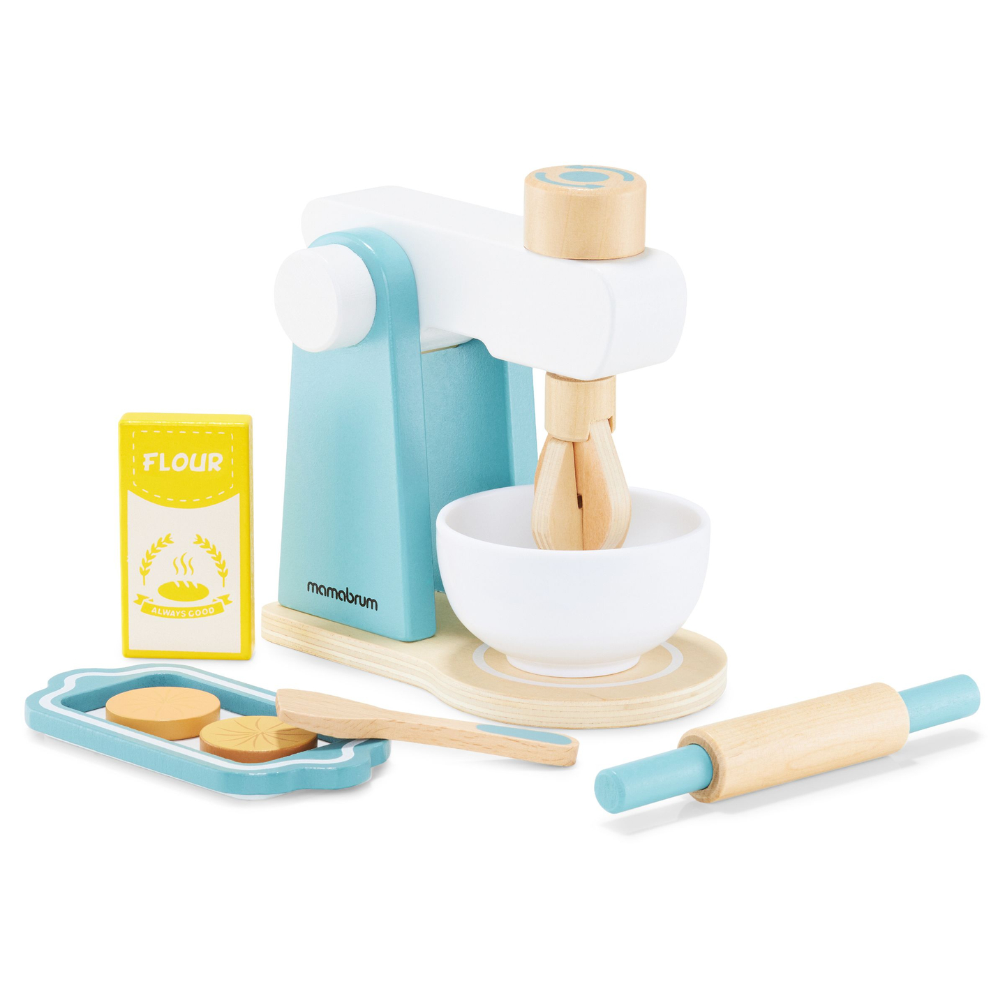 Batidora de madera con accesorios.