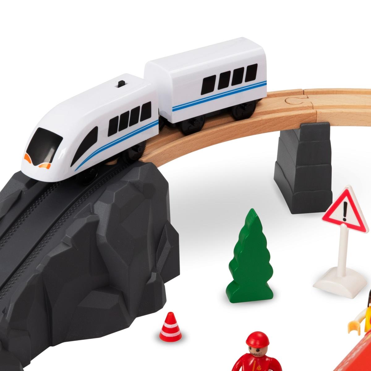 Tren de madera, tren a batería - Bomberos, vías, vagones, puentes, barrera