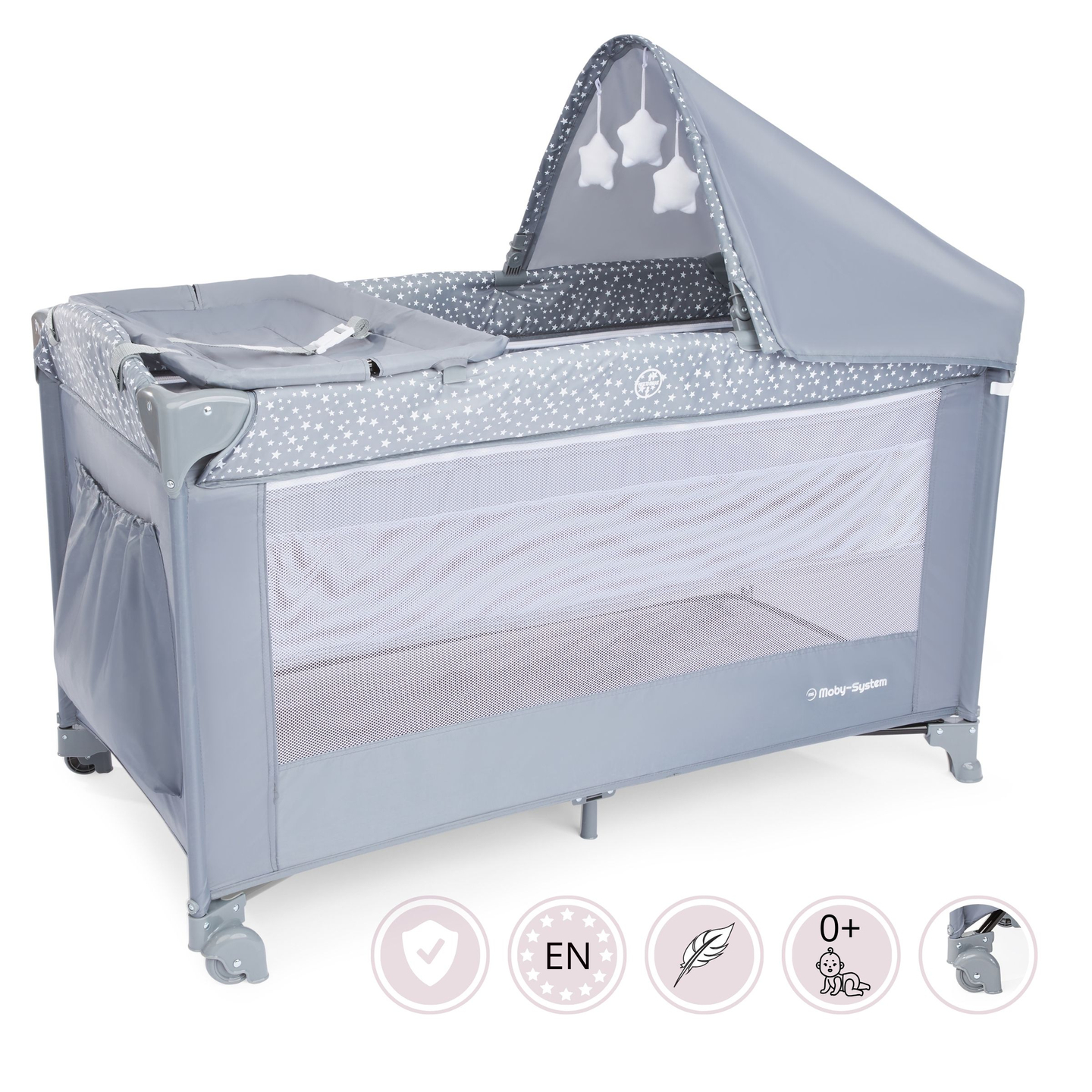 Cuna de viaje / parque infantil 2 niveles con cambiador, techo y colchón Happy Traveler BASIC PLUS - gris