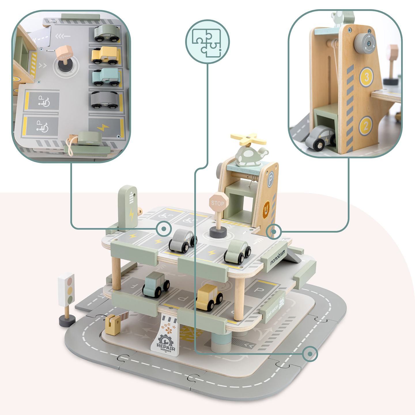Garaje de madera de tres plantas para niños con accesorios: aparcamiento, gasolinera, lavadero de coches, helicóptero.