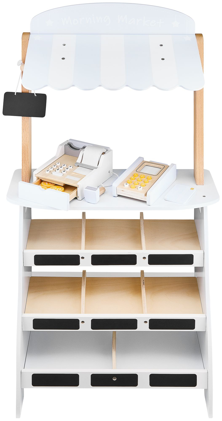 Tienda de comestibles: un puesto de madera con cajas, una caja registradora y una terminal