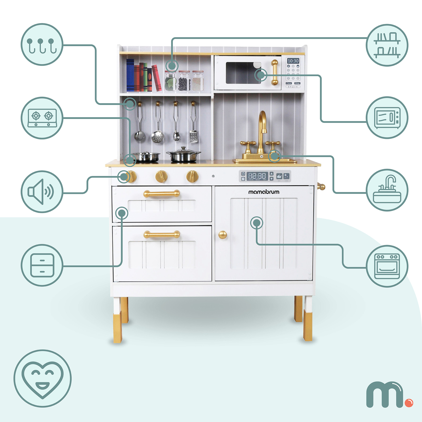 Cocina blanca de madera con accesorios y delantal