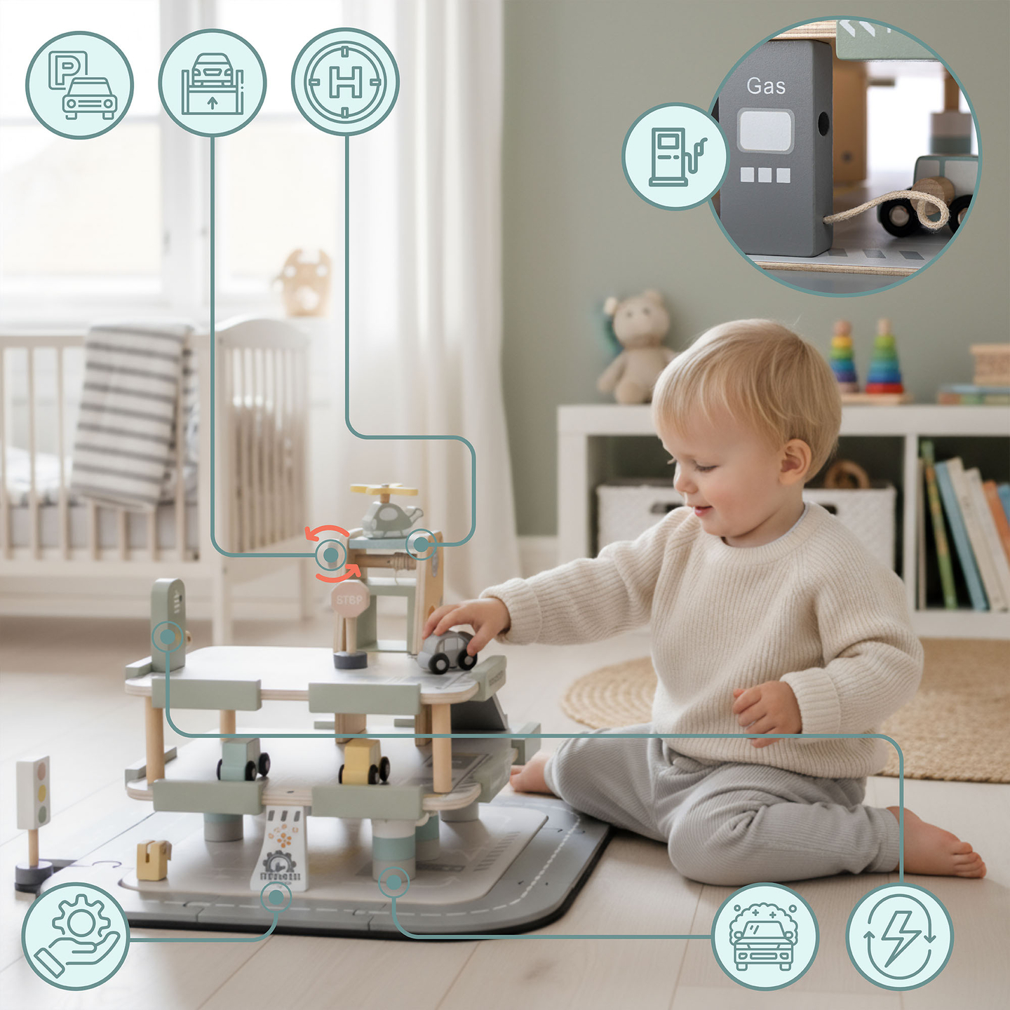 Garaje de madera de tres plantas para niños con accesorios: aparcamiento, gasolinera, lavadero de coches, helicóptero.