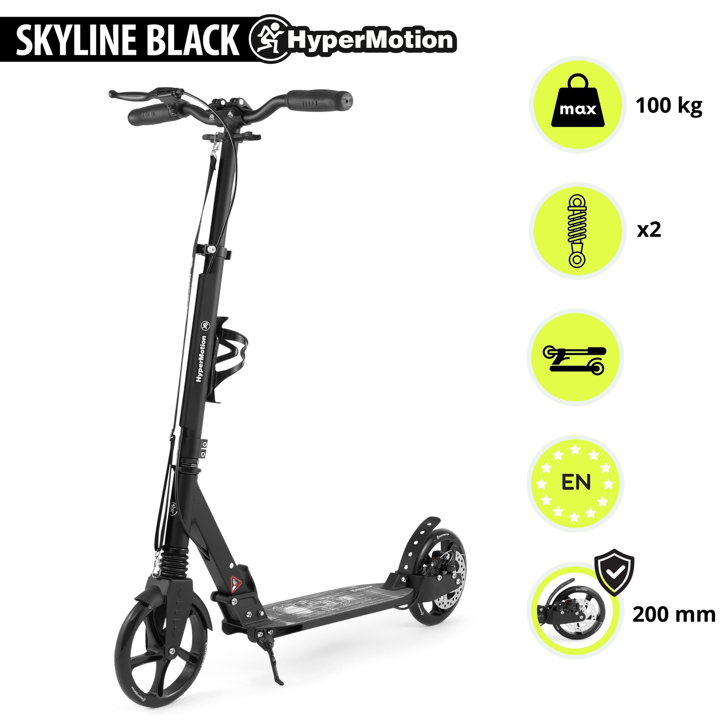 Scooter de dos ruedas para jóvenes adultos - con amortiguador - HyperMotion Skyline - negro, aluminio - 100kg